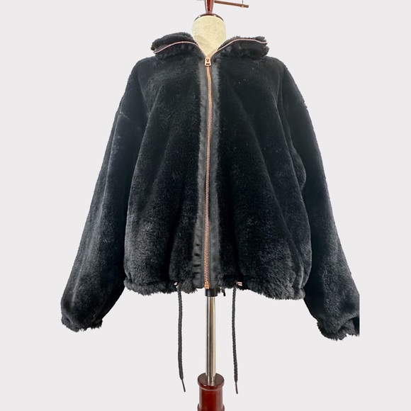 NWT - Lucky Brand XL Bomber Jacket Faux Fur Black - Picture 8 of 16